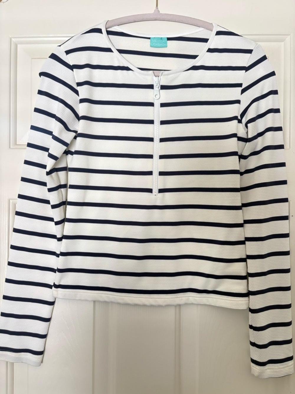 Melissa Odabash White & Navy Cali striped stretch pique rash guard size 6US